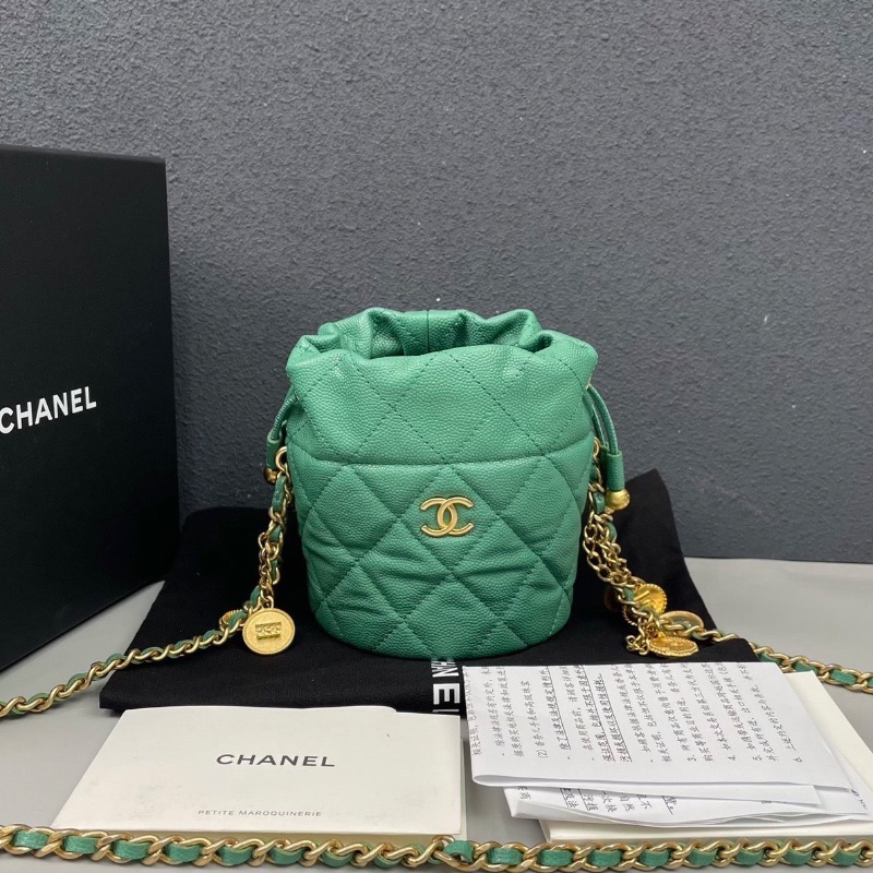Chanel綠色荔枝紋牛皮金幣 mini小水桶 新款10*11*10cm 99新配件塵袋盒子-1