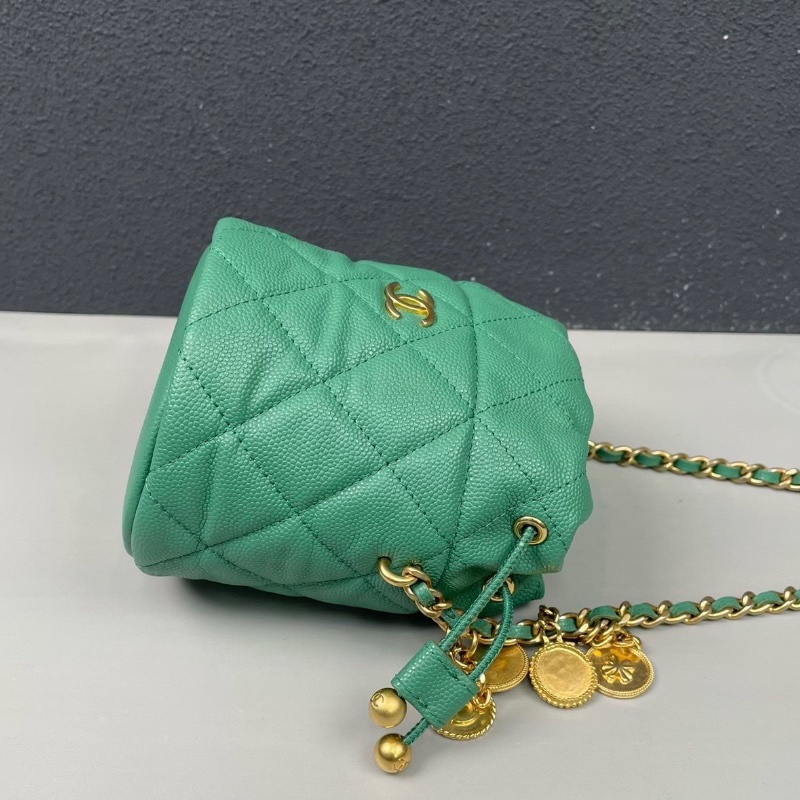 Chanel綠色荔枝紋牛皮金幣 mini小水桶 新款10*11*10cm 99新配件塵袋盒子-4