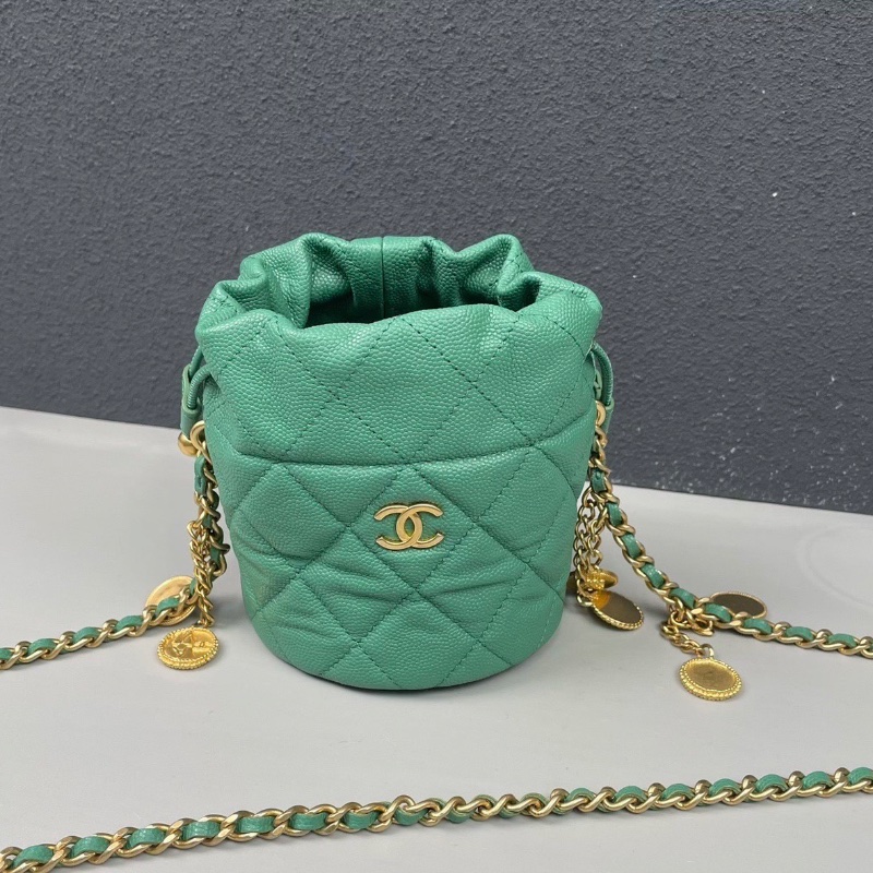 Chanel綠色荔枝紋牛皮金幣 mini小水桶 新款10*11*10cm 99新配件塵袋盒子-8