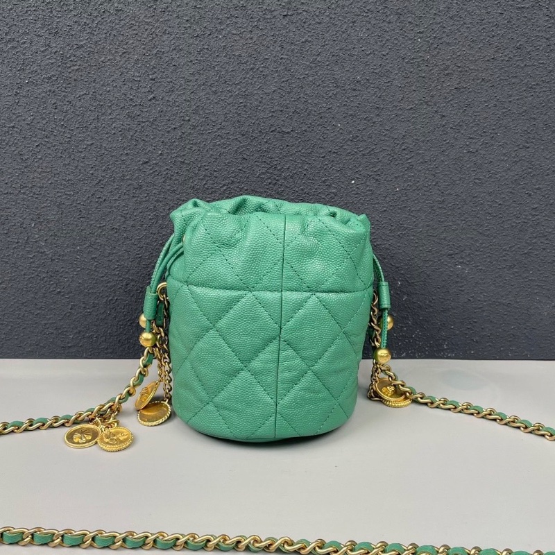 Chanel綠色荔枝紋牛皮金幣 mini小水桶 新款10*11*10cm 99新配件塵袋盒子-9