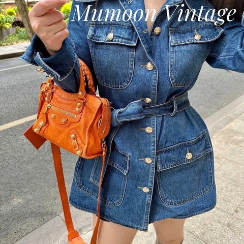 Balenciaga橙色油蠟皮銀扣 mini機車包  24*15*7cm 98新配件鏡子 塵袋