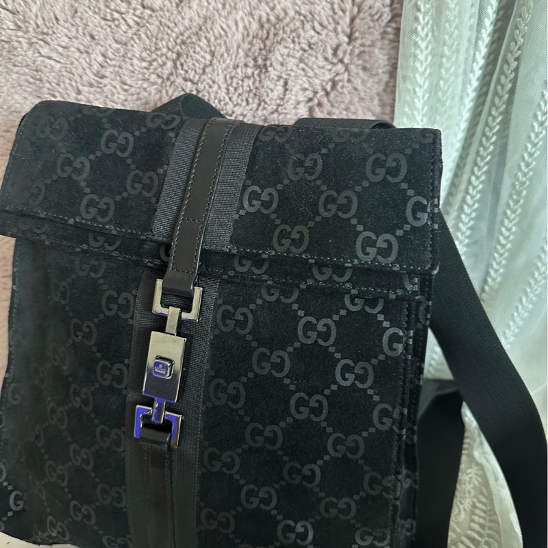 古馳  後背包 黑色皮革 老花 後背包 雙肩包 黑色麂皮 中古 復古  中古 復古 古董包  vintage gucci black leather monogram backpack-2