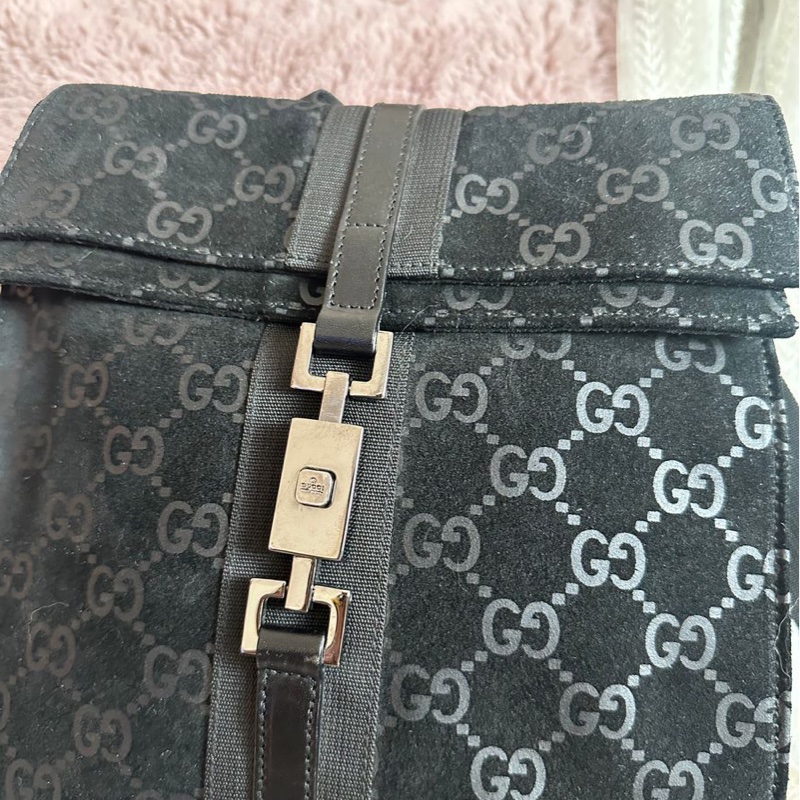 古馳  後背包 黑色皮革 老花 後背包 雙肩包 黑色麂皮 中古 復古  中古 復古 古董包  vintage gucci black leather monogram backpack-3