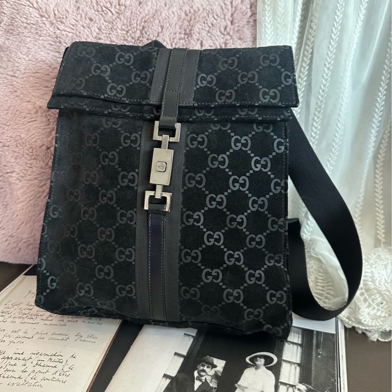 古馳  後背包 黑色皮革 老花 後背包 雙肩包 黑色麂皮 中古 復古  中古 復古 古董包  vintage gucci black leather monogram backpack-5