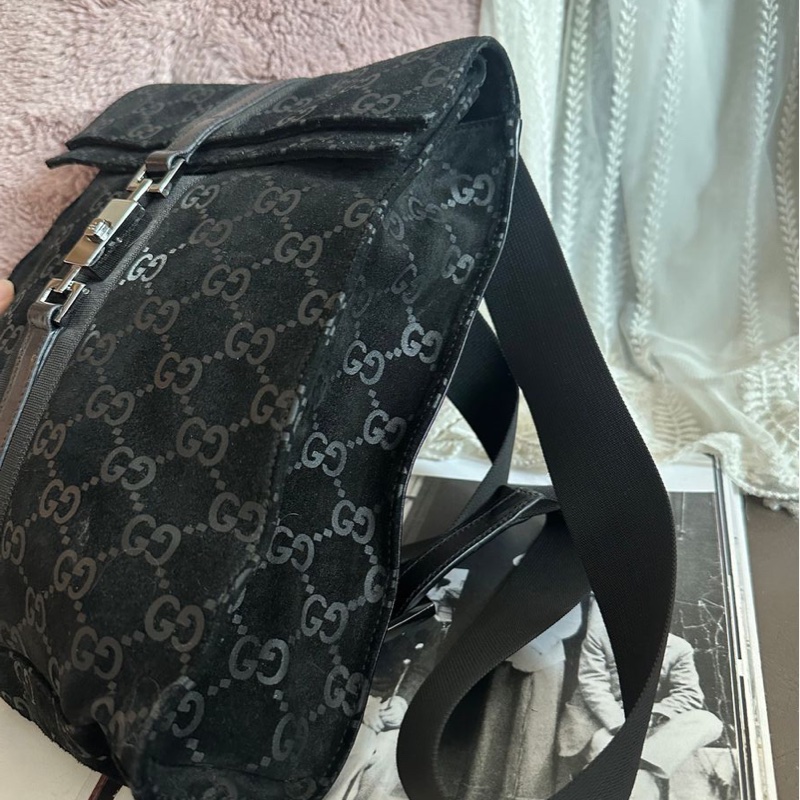 古馳  後背包 黑色皮革 老花 後背包 雙肩包 黑色麂皮 中古 復古  中古 復古 古董包  vintage gucci black leather monogram backpack-9