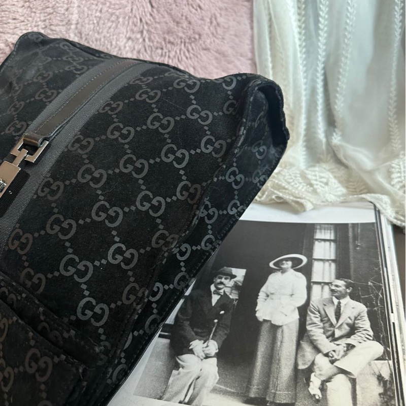 古馳  後背包 黑色皮革 老花 後背包 雙肩包 黑色麂皮 中古 復古  中古 復古 古董包  vintage gucci black leather monogram backpack-10