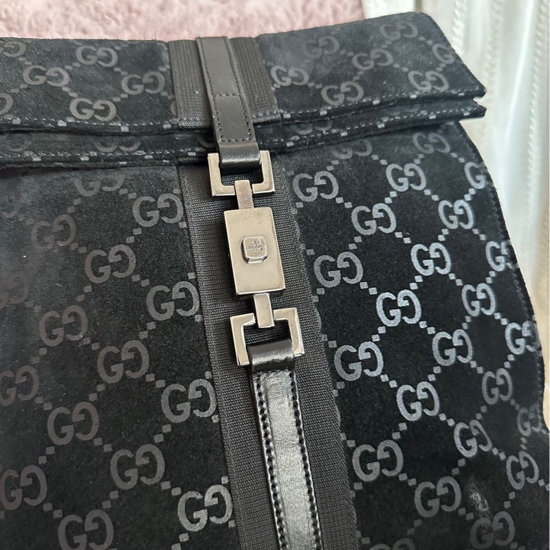 古馳  後背包 黑色皮革 老花 後背包 雙肩包 黑色麂皮 中古 復古  中古 復古 古董包  vintage gucci black leather monogram backpack-12