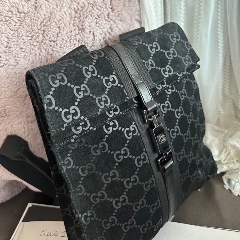 古馳  後背包 黑色皮革 老花 後背包 雙肩包 黑色麂皮 中古 復古  中古 復古 古董包  vintage gucci black leather monogram backpack-13