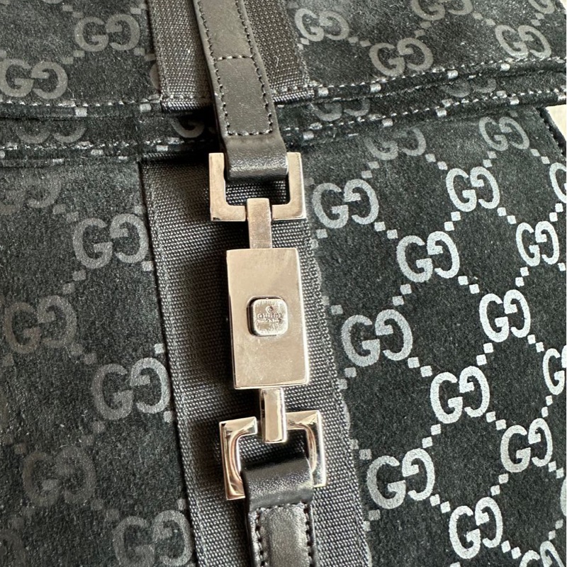 古馳  後背包 黑色皮革 老花 後背包 雙肩包 黑色麂皮 中古 復古  中古 復古 古董包  vintage gucci black leather monogram backpack-16
