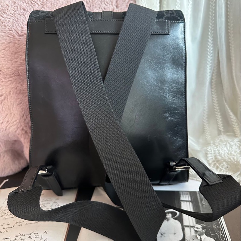 古馳  後背包 黑色皮革 老花 後背包 雙肩包 黑色麂皮 中古 復古  中古 復古 古董包  vintage gucci black leather monogram backpack-21