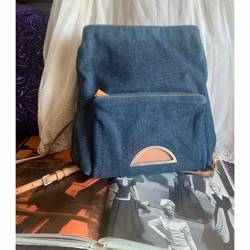 迪奧 背包 後背包 後背包 雙肩包 丹寧 中古  中古包背囊 牛仔 牛仔布 vintage dior malice pearl denim backpack-0
