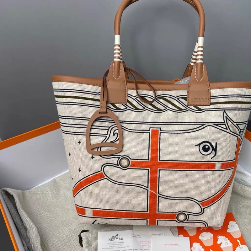 Hermes Steeple 新款印花編織帆布包 28*28.5*17  99新配件塵袋 盒子 購證 冊子 吊牌 皮牌-1