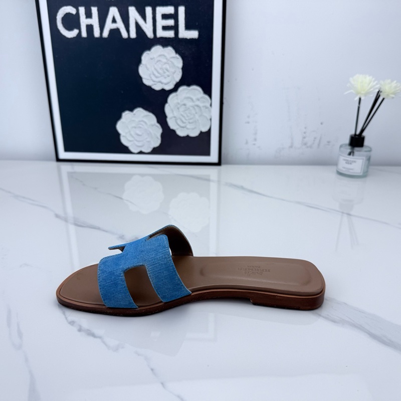 Hermes愛馬仕 牛仔藍Oran H拖 鞋36碼-3