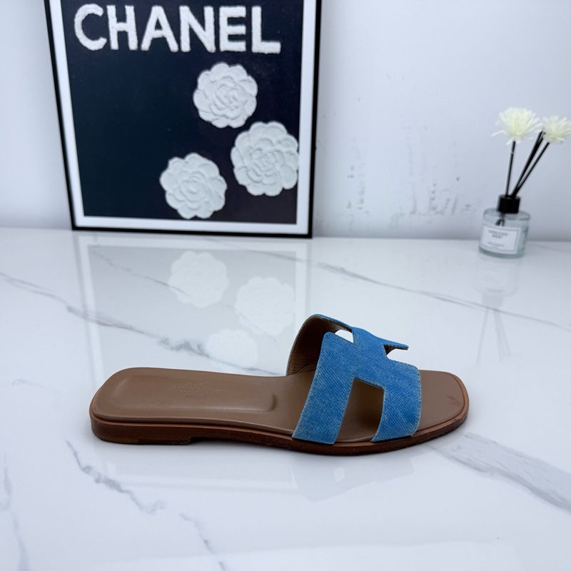 Hermes愛馬仕 牛仔藍Oran H拖 鞋36碼-4