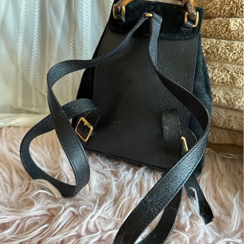 古馳 中古竹節後背包 後背包 後背包 雙肩包 黑色 黑色皮革 中古  中古包背囊 經典款 迷你 vintage gucci black suede /leather bamboo mini backpack  古董包-3