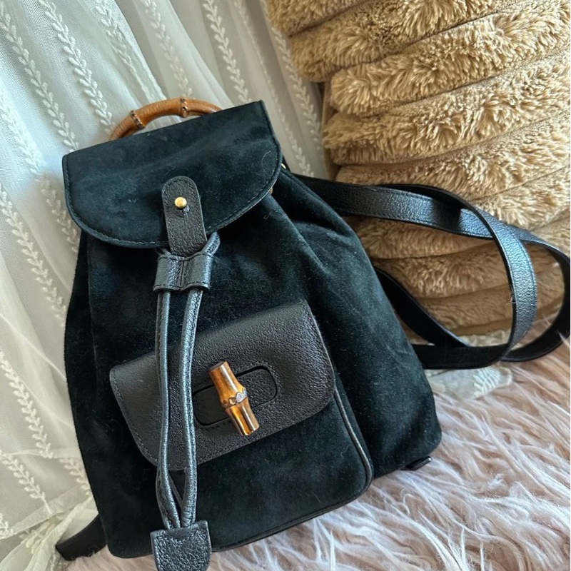 古馳 中古竹節後背包 後背包 後背包 雙肩包 黑色 黑色皮革 中古  中古包背囊 經典款 迷你 vintage gucci black suede /leather bamboo mini backpack  古董包-5