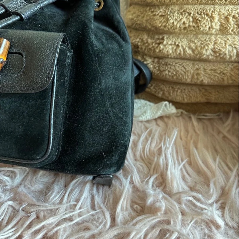 古馳 中古竹節後背包 後背包 後背包 雙肩包 黑色 黑色皮革 中古  中古包背囊 經典款 迷你 vintage gucci black suede /leather bamboo mini backpack  古董包-11