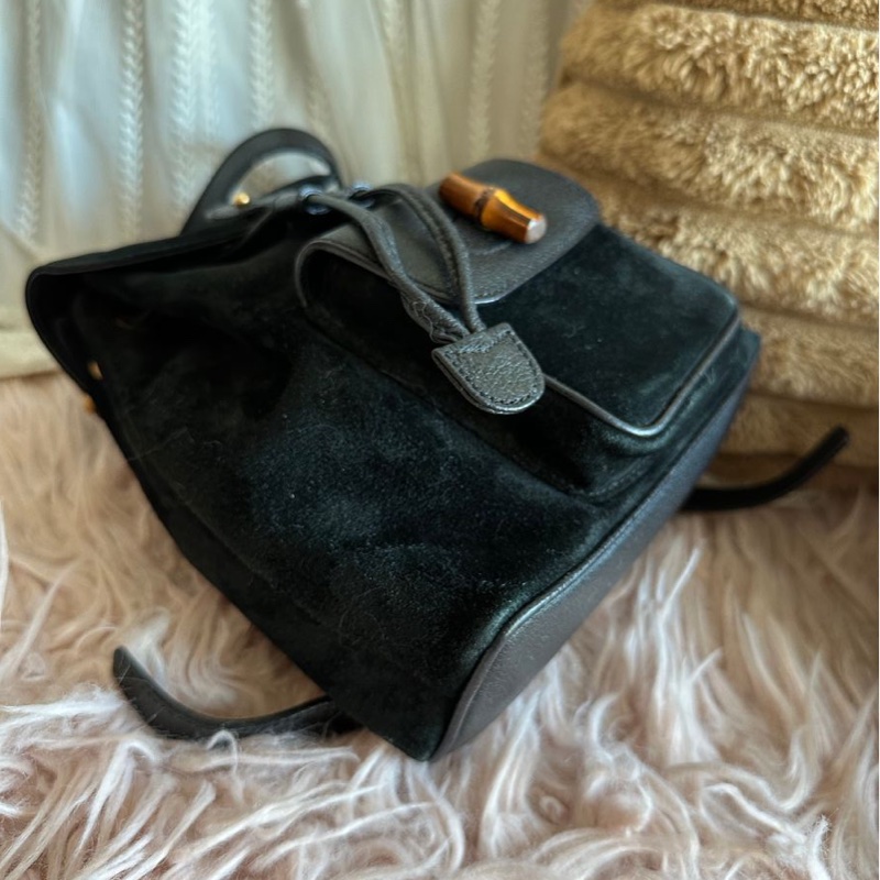 古馳 中古竹節後背包 後背包 後背包 雙肩包 黑色 黑色皮革 中古  中古包背囊 經典款 迷你 vintage gucci black suede /leather bamboo mini backpack  古董包-12