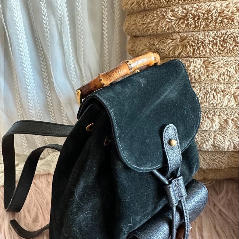 古馳 中古竹節後背包 後背包 後背包 雙肩包 黑色 黑色皮革 中古  中古包背囊 經典款 迷你 vintage gucci black suede /leather bamboo mini backpack  古董包-15