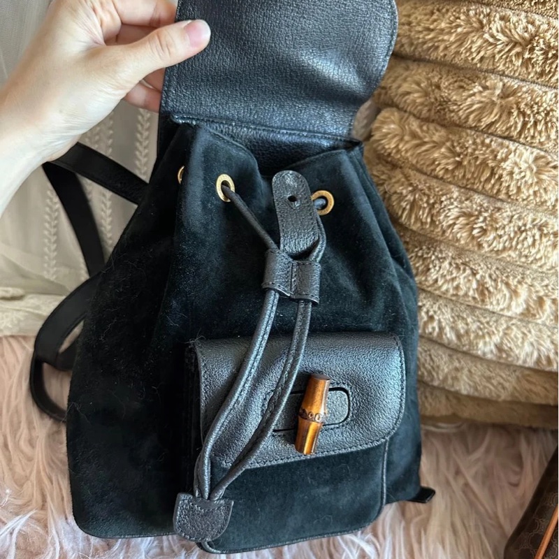 古馳 中古竹節後背包 後背包 後背包 雙肩包 黑色 黑色皮革 中古  中古包背囊 經典款 迷你 vintage gucci black suede /leather bamboo mini backpack  古董包-16
