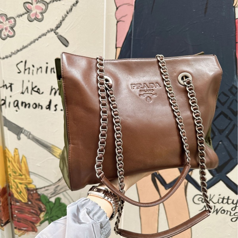 普拉達 托特包 手提包 腋下包 側背包 鏈條包 英倫風 皮革 帆布 中古降落傘尼龍拼皮鏈條包 啡色皮革 綠色帆布shoulder bag tote bag chain bag-0