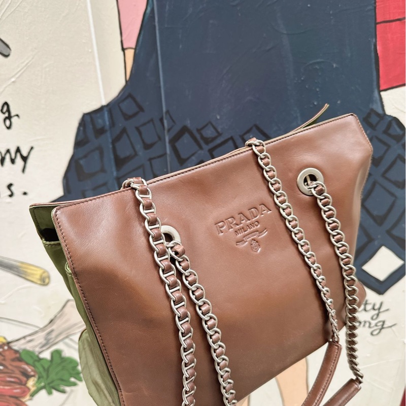 普拉達 托特包 手提包 腋下包 側背包 鏈條包 英倫風 皮革 帆布 中古降落傘尼龍拼皮鏈條包 啡色皮革 綠色帆布shoulder bag tote bag chain bag-2