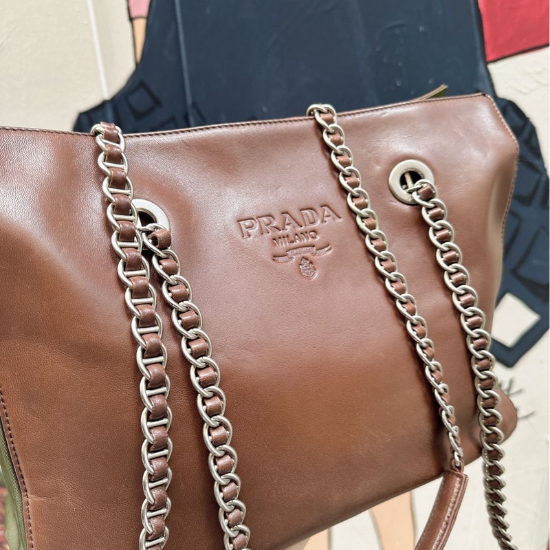 普拉達 托特包 手提包 腋下包 側背包 鏈條包 英倫風 皮革 帆布 中古降落傘尼龍拼皮鏈條包 啡色皮革 綠色帆布shoulder bag tote bag chain bag-7