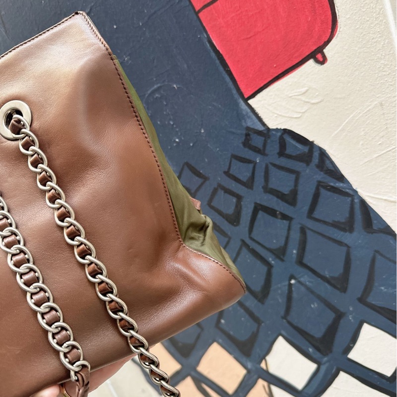 普拉達 托特包 手提包 腋下包 側背包 鏈條包 英倫風 皮革 帆布 中古降落傘尼龍拼皮鏈條包 啡色皮革 綠色帆布shoulder bag tote bag chain bag-8