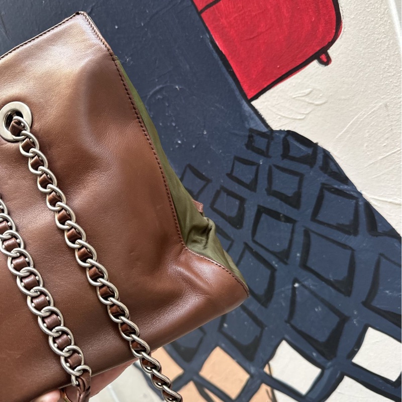 普拉達 托特包 手提包 腋下包 側背包 鏈條包 英倫風 皮革 帆布 中古降落傘尼龍拼皮鏈條包 啡色皮革 綠色帆布shoulder bag tote bag chain bag-9