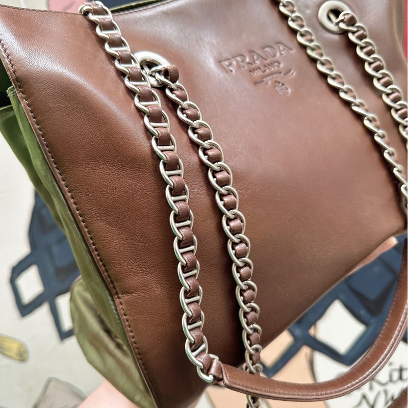 普拉達 托特包 手提包 腋下包 側背包 鏈條包 英倫風 皮革 帆布 中古降落傘尼龍拼皮鏈條包 啡色皮革 綠色帆布shoulder bag tote bag chain bag-10