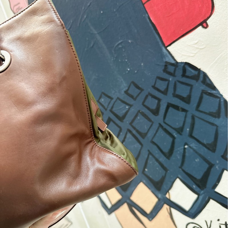 普拉達 托特包 手提包 腋下包 側背包 鏈條包 英倫風 皮革 帆布 中古降落傘尼龍拼皮鏈條包 啡色皮革 綠色帆布shoulder bag tote bag chain bag-11