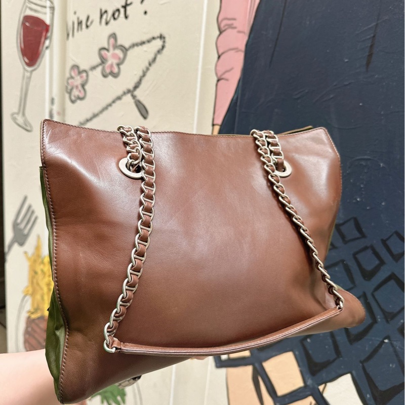 普拉達 托特包 手提包 腋下包 側背包 鏈條包 英倫風 皮革 帆布 中古降落傘尼龍拼皮鏈條包 啡色皮革 綠色帆布shoulder bag tote bag chain bag-13