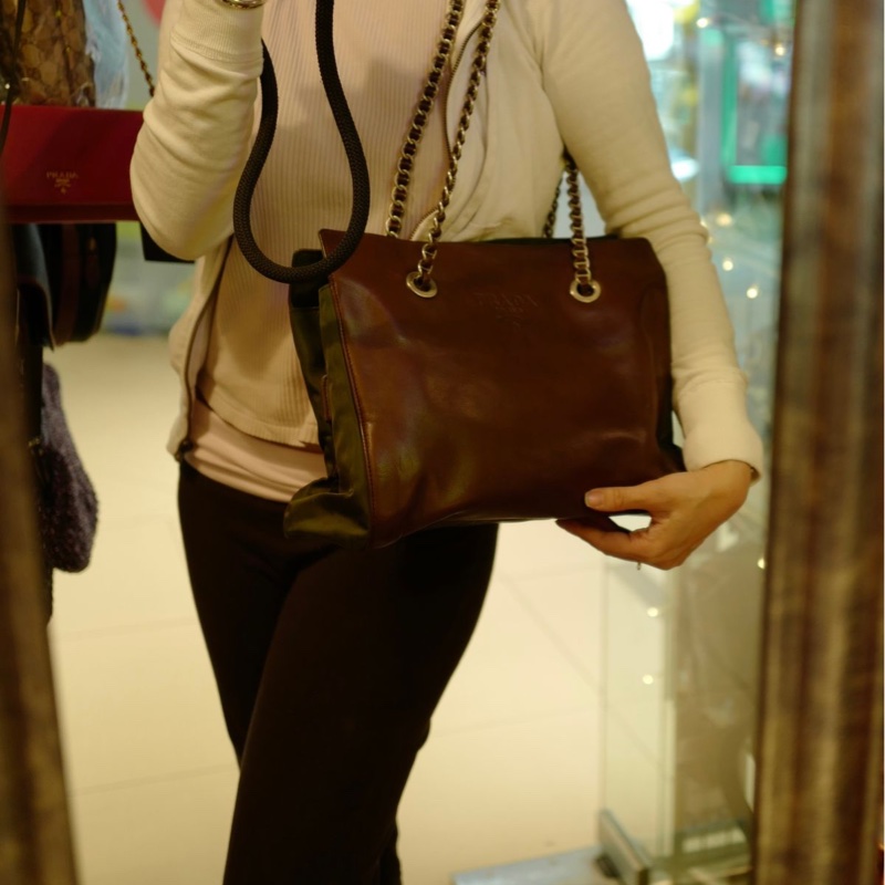 普拉達 托特包 手提包 腋下包 側背包 鏈條包 英倫風 皮革 帆布 中古降落傘尼龍拼皮鏈條包 啡色皮革 綠色帆布shoulder bag tote bag chain bag-15