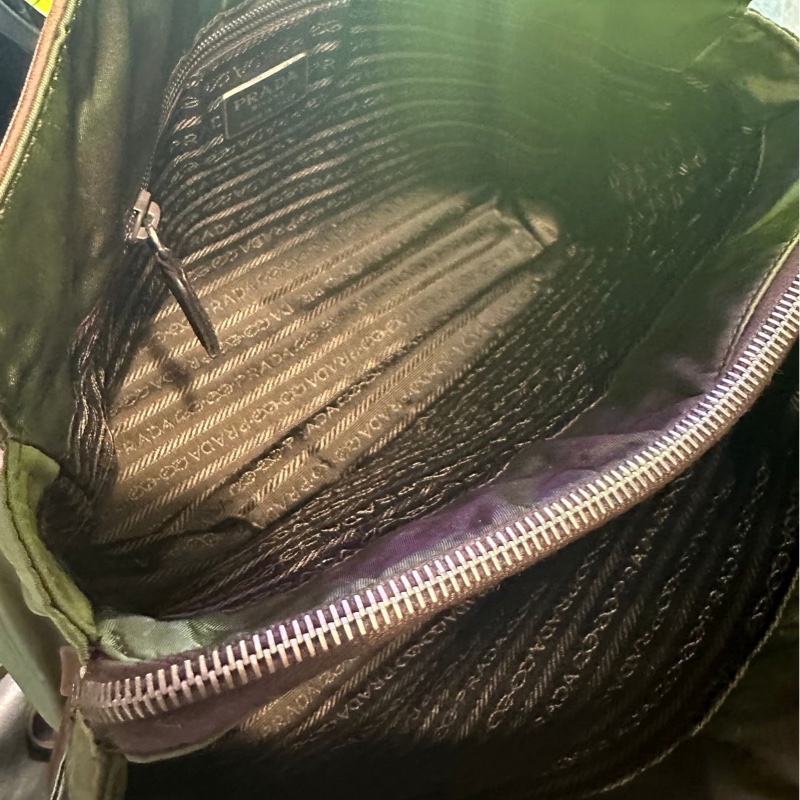 普拉達 托特包 手提包 腋下包 側背包 鏈條包 英倫風 皮革 帆布 中古降落傘尼龍拼皮鏈條包 啡色皮革 綠色帆布shoulder bag tote bag chain bag-16