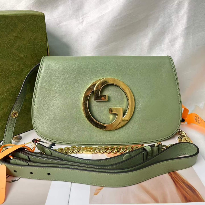 Gucci 綠色雙G金扣Blondie鏈條包 28x16 98新配件肩帶 塵袋-1
