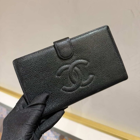 Chanel絕版大雙c 黑魚子醬 釦式長夾