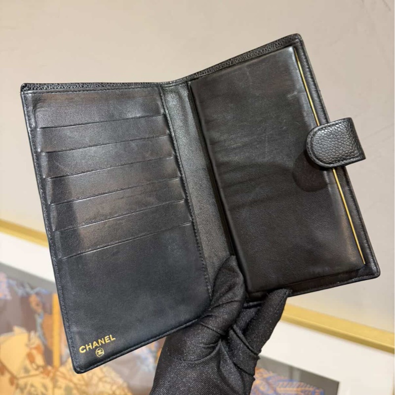 Chanel絕版大雙c 黑魚子醬 釦式長夾-4