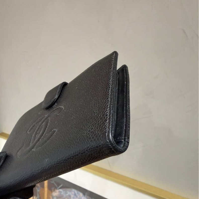 Chanel絕版大雙c 黑魚子醬 釦式長夾-20