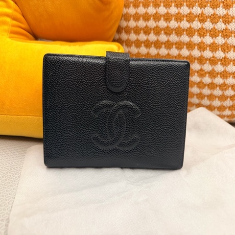 Chanel絕版大雙c 黑魚子醬 釦式長夾