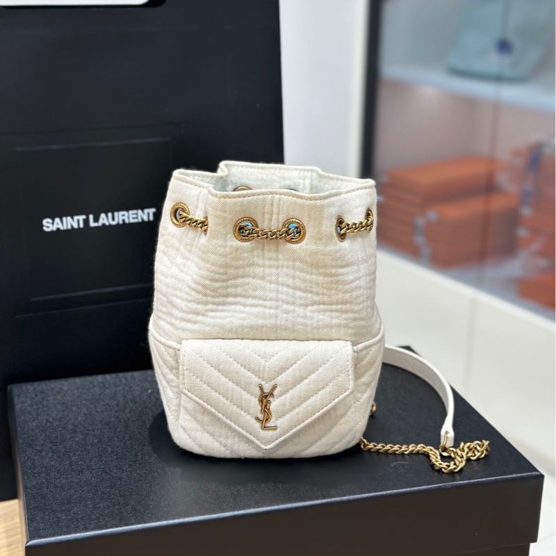 ysl聖羅蘭 白色小水桶包 棉質-0