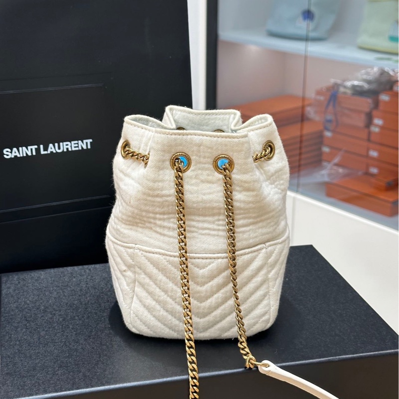 ysl聖羅蘭 白色小水桶包 棉質-2