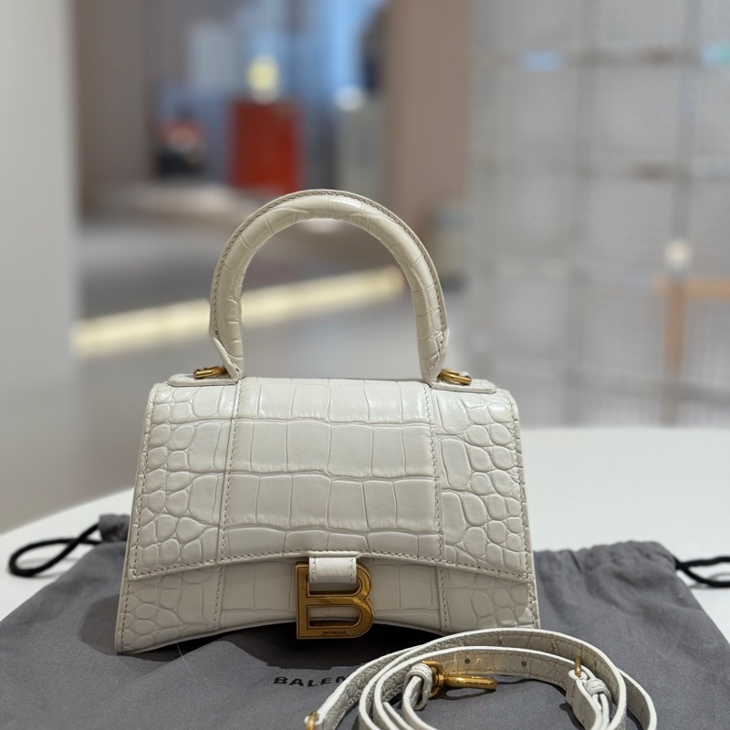 Balenciaga巴黎世家 hourglass 金扣鰐魚紋沙漏包 鰐魚紋牛皮 迷你 女白色。-0
