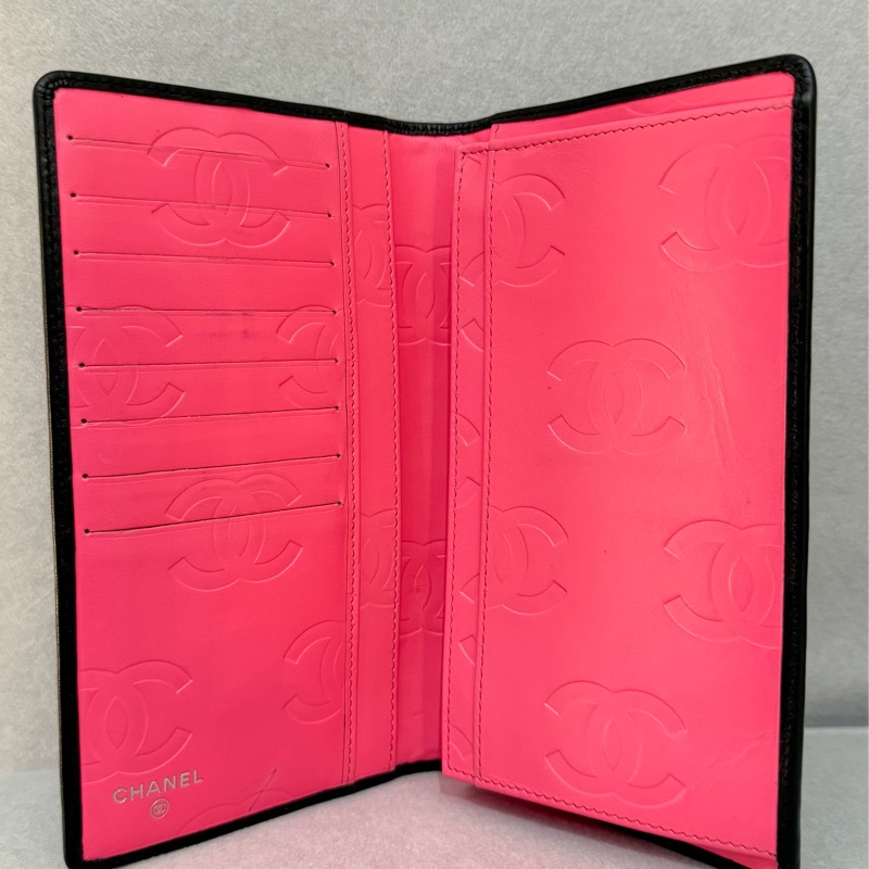 二手 香奈兒 Chanel 絕版 康鵬 對折錢包 長夾 黑色 銀光粉-2