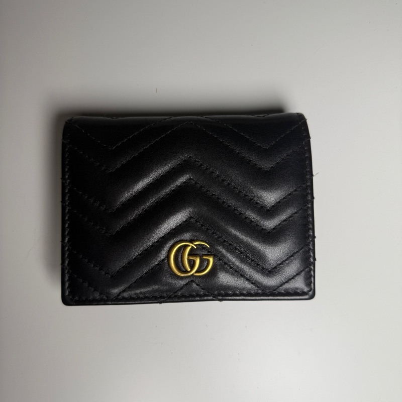 GUCCI Marmont 466492黑色金釦馬夢車線山型紋扣式拉鍊零錢袋短夾-1
