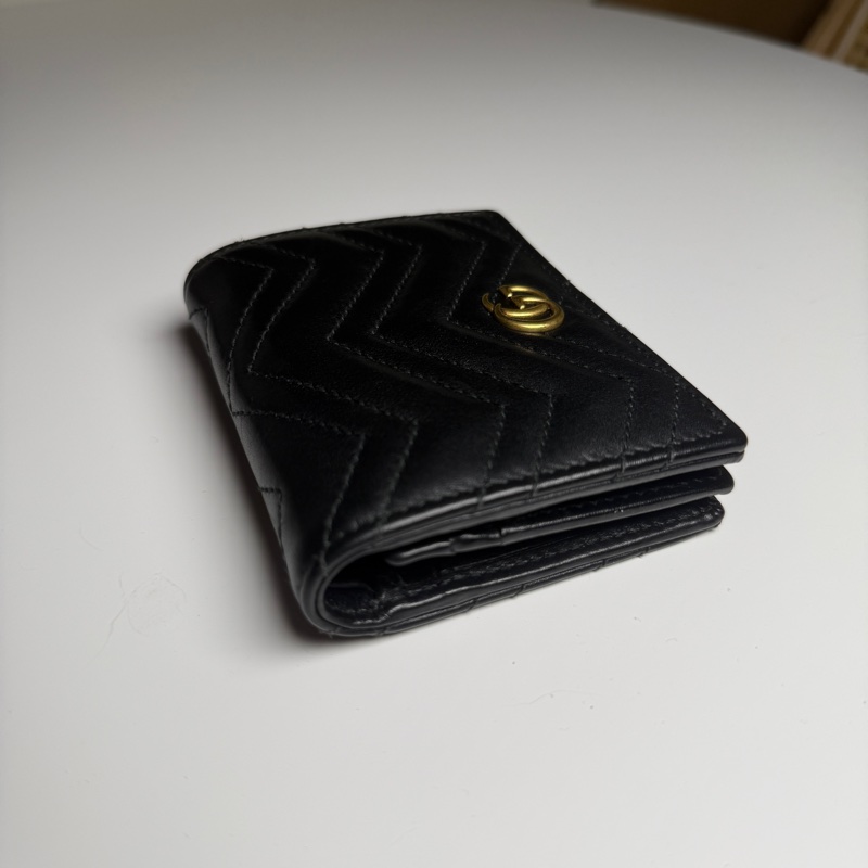 GUCCI Marmont 466492黑色金釦馬夢車線山型紋扣式拉鍊零錢袋短夾-4