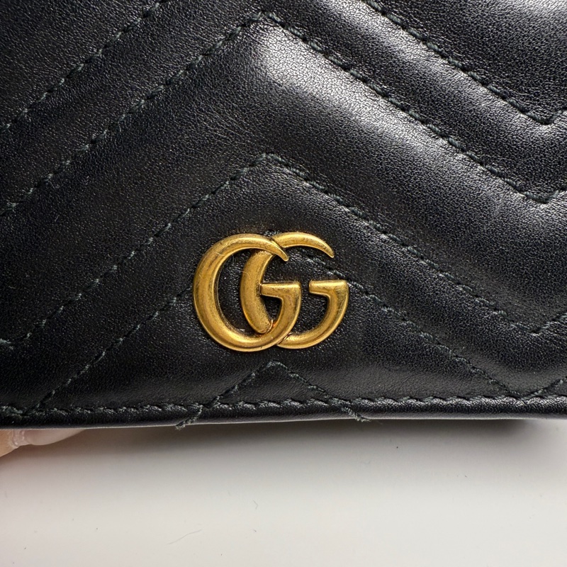 GUCCI Marmont 466492黑色金釦馬夢車線山型紋扣式拉鍊零錢袋短夾-5