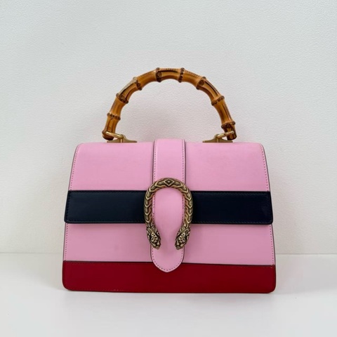 Gucci/古馳 粉色牛皮 竹節虎頭 手提包 金扣 尺寸：27*18*13cm