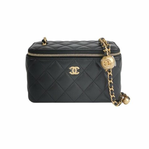 ChanelVanity Case羊皮純色菱格絎縫金球雙C標 識斜背包單肩包