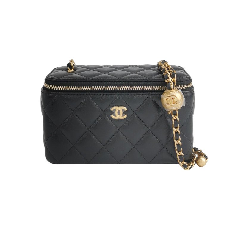 ChanelVanity Case羊皮純色菱格絎縫金球雙C標 識斜背包單肩包-0