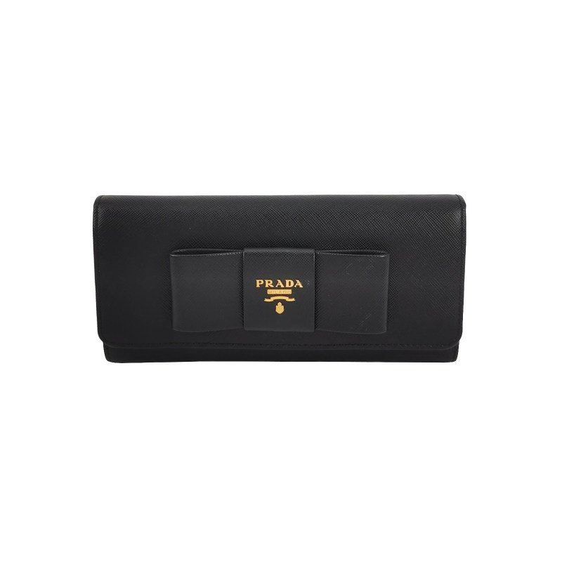 Prada牛皮純色字母Logo蝴蝶結裝飾皮夾-0